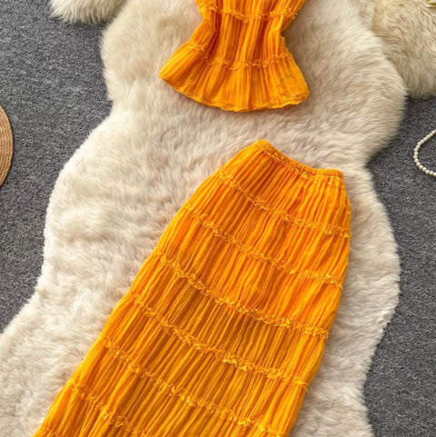 Pleated Top & Half-body Skirt 2Pcs