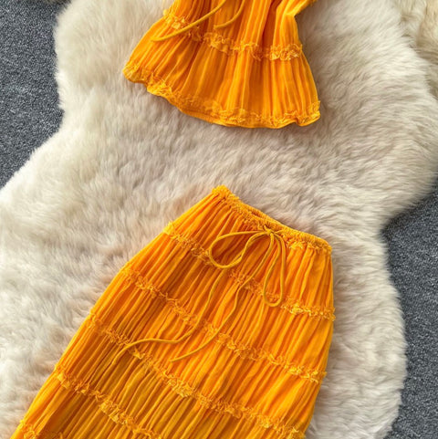 Pleated Top & Half-body Skirt 2Pcs