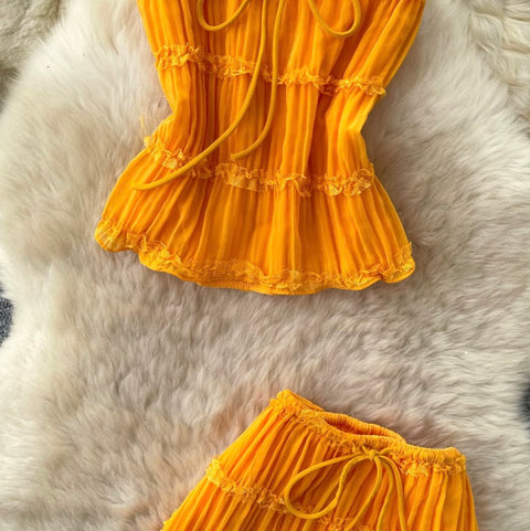 Pleated Top & Half-body Skirt 2Pcs