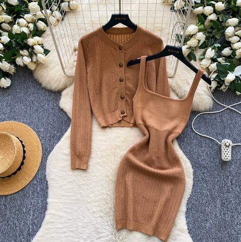 Cardigan & Knitted Vest Dress 2Pcs