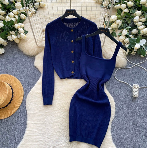Cardigan & Knitted Vest Dress 2Pcs