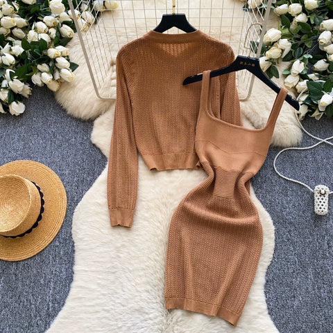Cardigan & Knitted Vest Dress 2Pcs