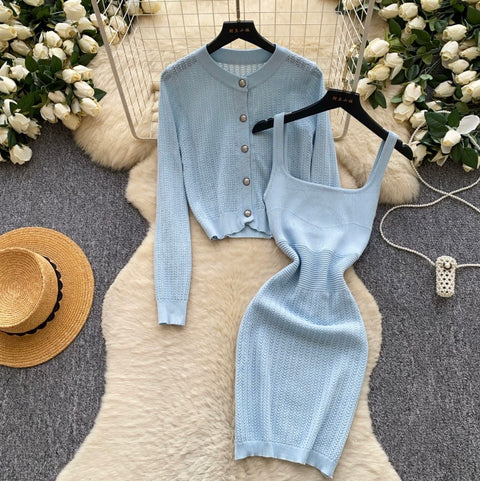 Cardigan & Knitted Vest Dress 2Pcs