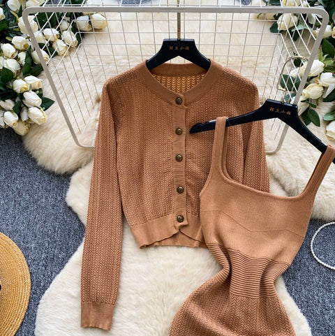 Cardigan & Knitted Vest Dress 2Pcs