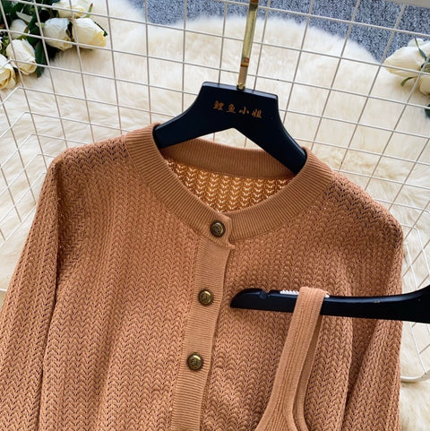 Cardigan & Knitted Vest Dress 2Pcs