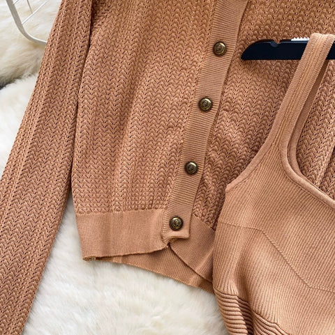 Cardigan & Knitted Vest Dress 2Pcs