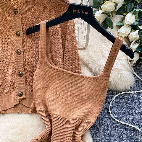 Cardigan & Knitted Vest Dress 2Pcs