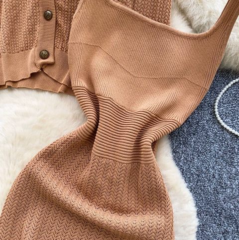 Cardigan & Knitted Vest Dress 2Pcs