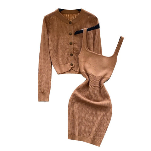 Cardigan & Knitted Vest Dress 2Pcs