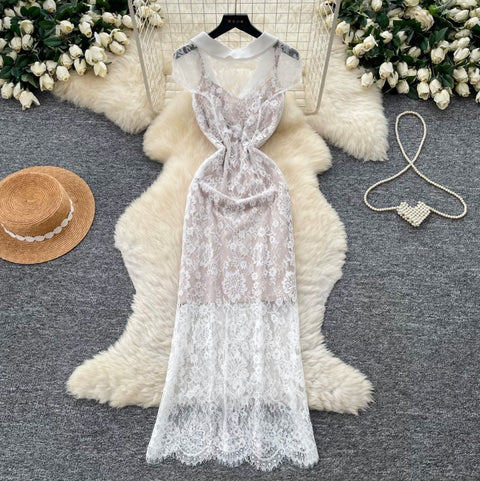 White Embroidered Lace Dress 2Pcs