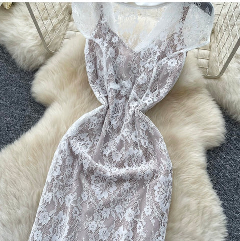 White Embroidered Lace Dress 2Pcs