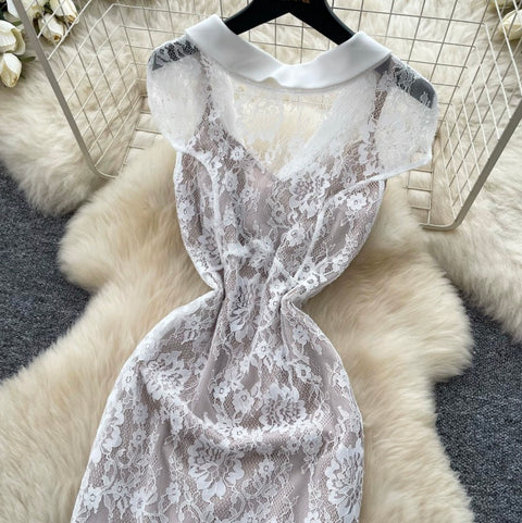 White Embroidered Lace Dress 2Pcs