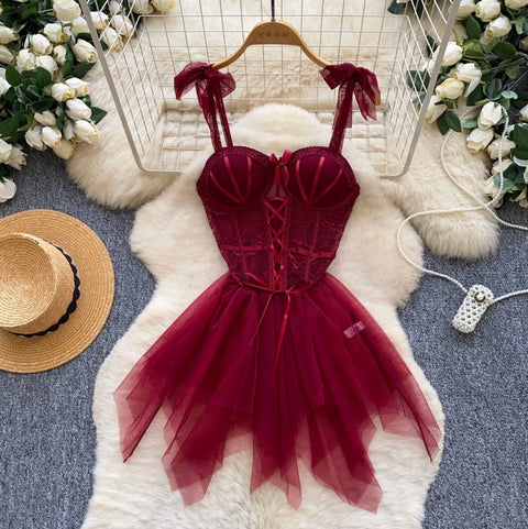 Sexy Wine Red Puffy Mesh Dress