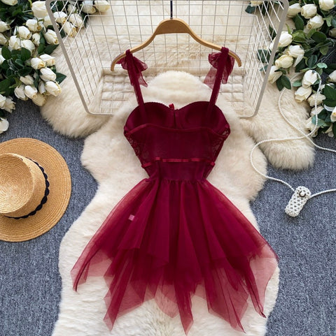 Sexy Wine Red Puffy Mesh Dress