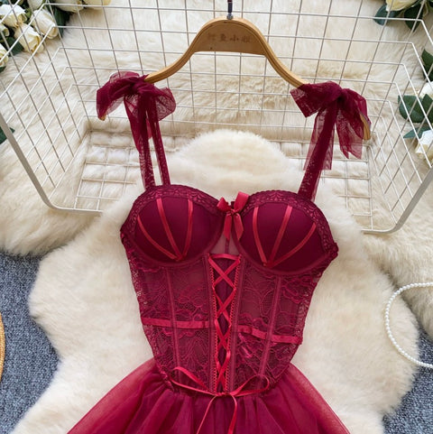 Sexy Wine Red Puffy Mesh Dress