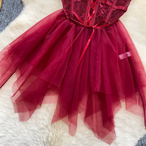 Sexy Wine Red Puffy Mesh Dress