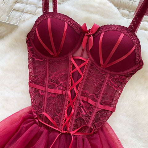 Sexy Wine Red Puffy Mesh Dress