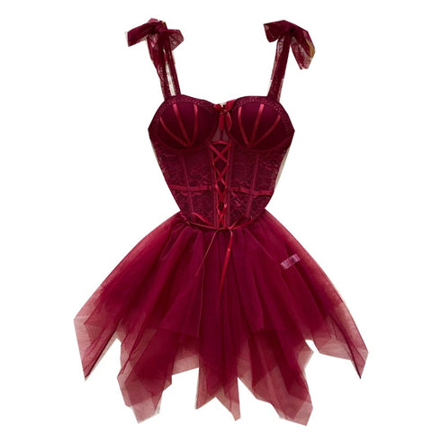 Sexy Wine Red Puffy Mesh Dress