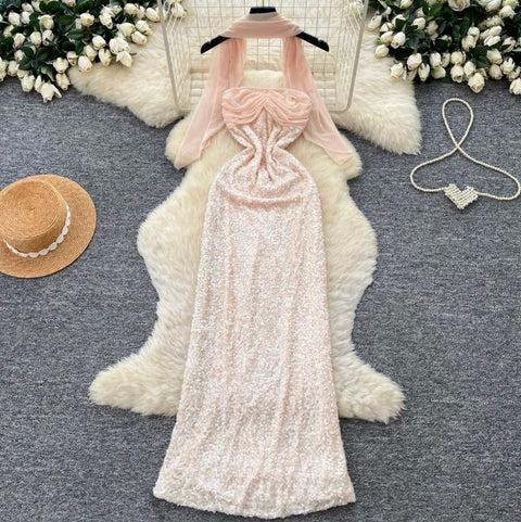Sequined Pink Dress with Ribbon