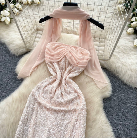 Sequined Pink Dress with Ribbon