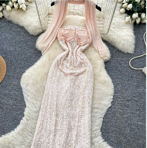 Sequined Pink Dress with Ribbon