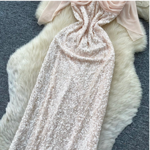Sequined Pink Dress with Ribbon