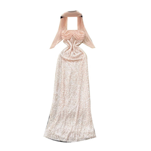 Sequined Pink Dress with Ribbon