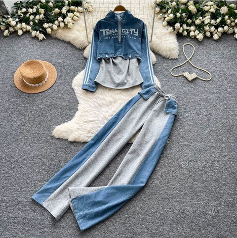 Denim Patchwork Shirt & Trousers 2Pcs
