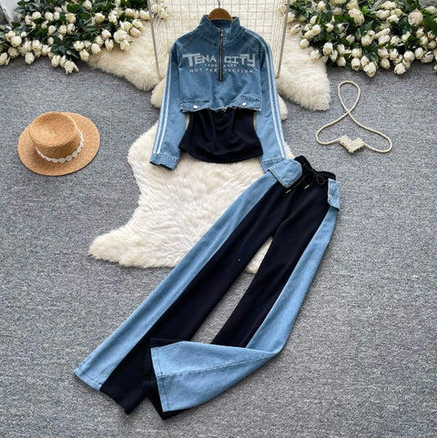 Denim Patchwork Shirt & Trousers 2Pcs