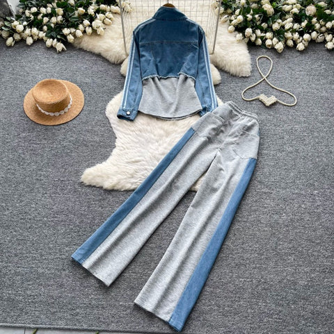 Denim Patchwork Shirt & Trousers 2Pcs