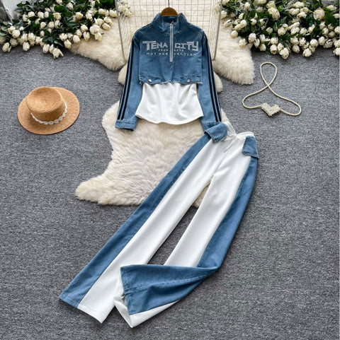 Denim Patchwork Shirt & Trousers 2Pcs