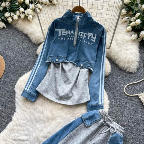 Denim Patchwork Shirt & Trousers 2Pcs