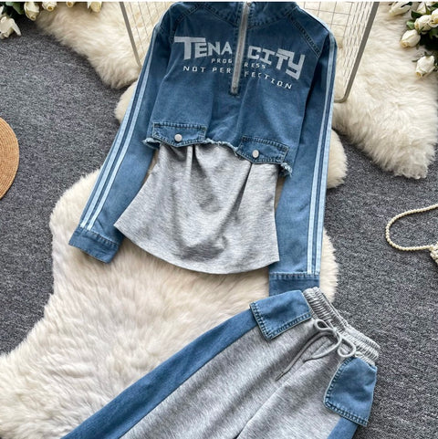 Denim Patchwork Shirt & Trousers 2Pcs