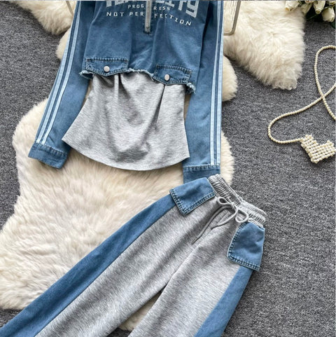 Denim Patchwork Shirt & Trousers 2Pcs