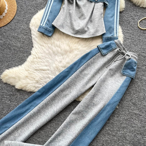 Denim Patchwork Shirt & Trousers 2Pcs