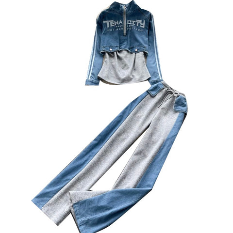 Denim Patchwork Shirt & Trousers 2Pcs