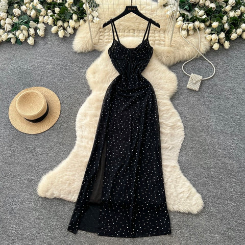 Rhinestone Studded Black Slip Dress