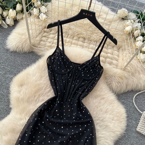 Rhinestone Studded Black Slip Dress