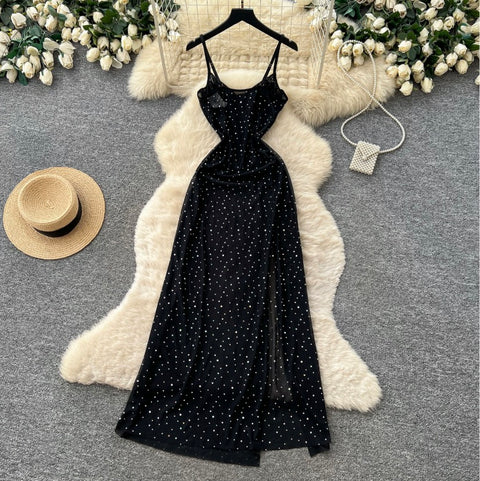 Rhinestone Studded Black Slip Dress