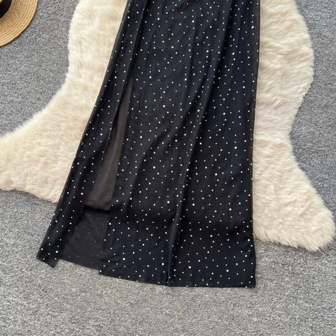 Rhinestone Studded Black Slip Dress