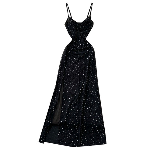 Rhinestone Studded Black Slip Dress