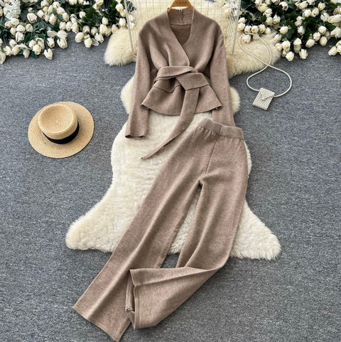 Lace-up Cardigan & Trousers Knitted 2Pcs