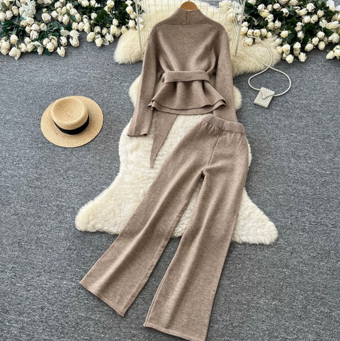 Lace-up Cardigan & Trousers Knitted 2Pcs