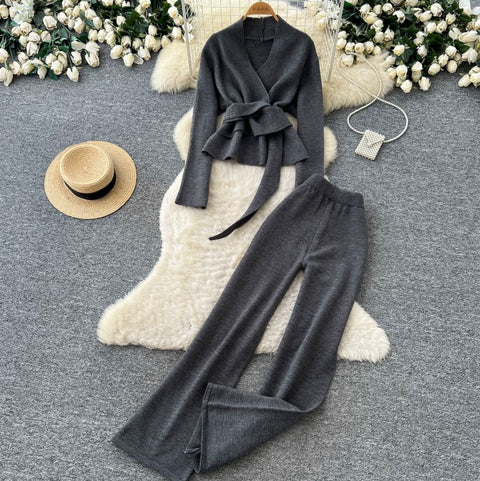 Lace-up Cardigan & Trousers Knitted 2Pcs