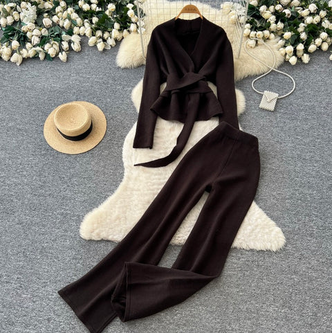 Lace-up Cardigan & Trousers Knitted 2Pcs