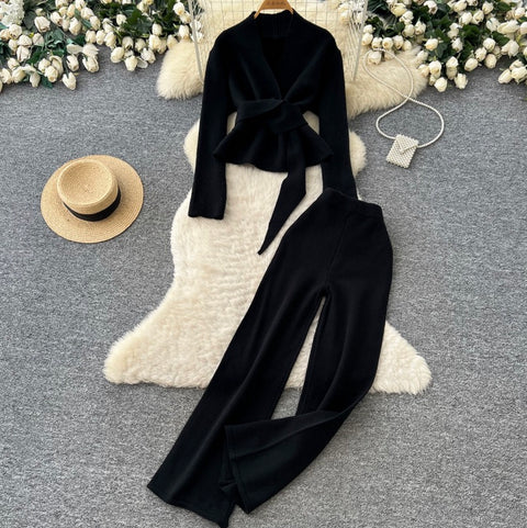 Lace-up Cardigan & Trousers Knitted 2Pcs