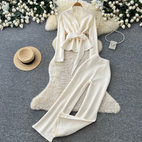 Lace-up Cardigan & Trousers Knitted 2Pcs