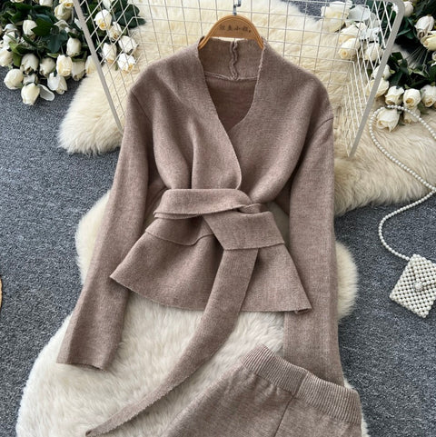 Lace-up Cardigan & Trousers Knitted 2Pcs