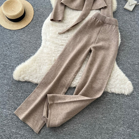 Lace-up Cardigan & Trousers Knitted 2Pcs