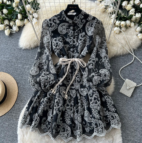 Courtly Flared Sleeve Lace Dress